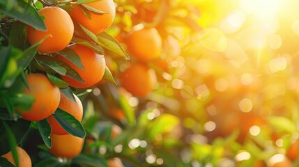 Oranges on a green tree in the garden on a sunny day