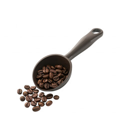 Fototapeta premium Coffee beans in a black scoop, isolated on a white background, perfect for kitchen and culinary themes.