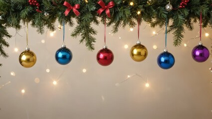 Christmas Ornaments Hanging From Fir Branches With Fairy Lights