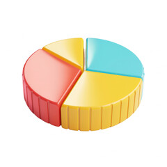 Obraz premium Colorful 3D pie chart with four segments in red, yellow, and blue, representing data visualization and business statistics.