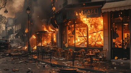 Obraz premium Close-up shot of a cafe engulfed in flames, extensive fire damage, ash and debris, street corner in the background