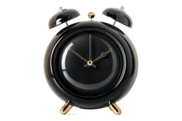 Analog alarm clock with round black design isolated on transparent background