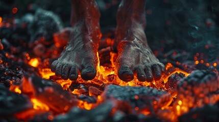 Naklejka premium Close-up shot of bare feet on burning hot coals, the dark background making the glowing embers stand out vividly