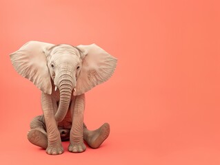 Cute baby elephant sitting on a pink background.