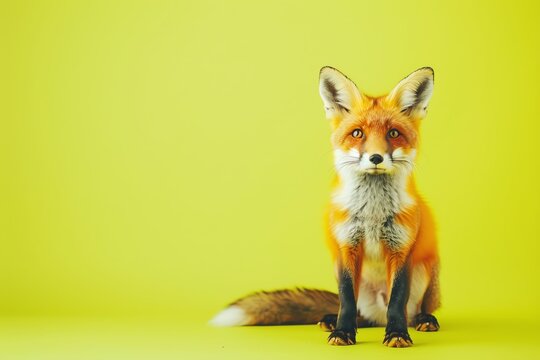 A red fox sitting on a green background, looking directly at the camera.