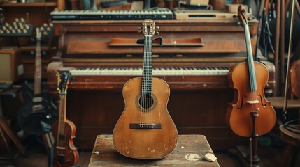 Naklejka premium Stack of Musical Instruments Including Guitars, Violin, and Piano 