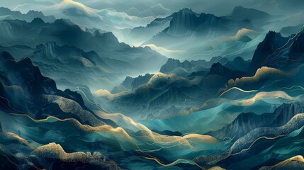 Dark green 3D mural wallpaper with golden waves, dark blue mountainous background, refined and artistic