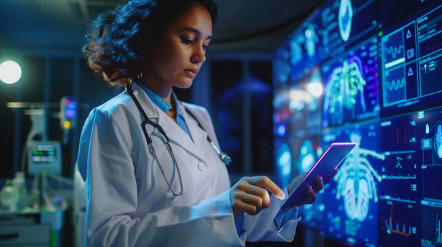 Medical cybersecurity, tablet and hands of doctor, surgeon or nurse with virtual hologram for database lock. Mockup hospital, life insurance and woman with digital archive biometric for info safety
