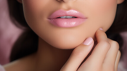 Obraz premium Close-up shot of a woman's glossy pink lips and manicured nails, highlighting beauty, skincare, and makeup details.