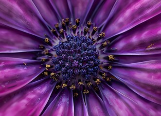 Obraz premium A closeup shot of the center part of an purple daisy flower, showcasing its vibrant petals and intricate stamen details