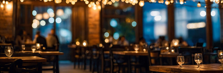 Blurred coffee shop or restaurant interior background, Roof top restaurant with wooden table