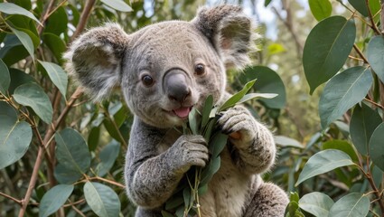 Fototapeta premium Koala Eating Eucalyptus Leaves in Tree