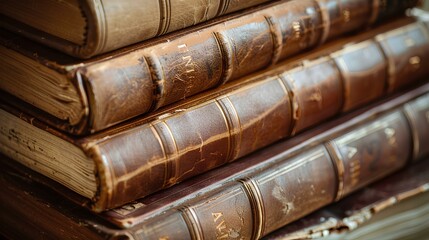 A stack of vintage hardcover books with worn leather and frayed edges, capturing the essence of their long history and the stories they hold within their pages.