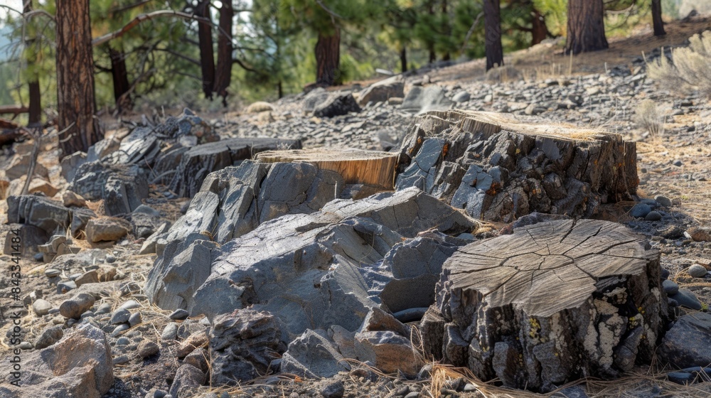 Poster large jagged rocks jut out of the ground intermingled with smooth fossilized tree stumps.