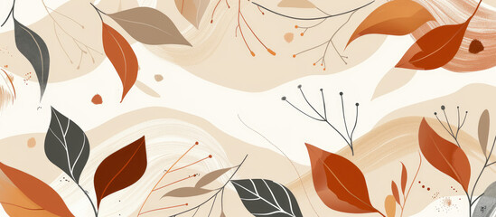 Abstract autumn leaves pattern in earthy tones on white background