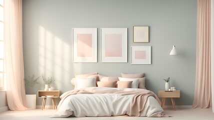 Mockup white empty frame in light cozy and simple bedroom interior background, 3d render