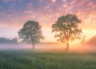 A foggy sunrise over the meadow in Sweden with trees and sky in the background