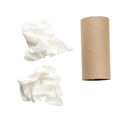 Top view set of crumpled tissue paper ball and core scattering isolated on white background with clipping path