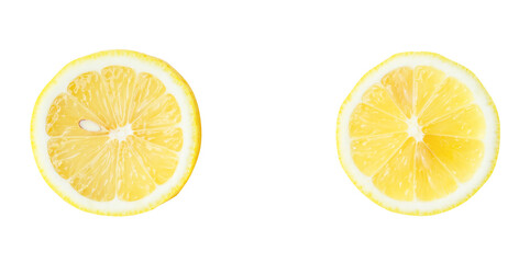 Fototapeta premium Top view set of fresh yellow lemon slices or halves scattering isolated with clipping path in png file format
