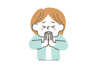 両手を合わせて謝っているオフィスカジュアルなビジネスウーマンのイラスト