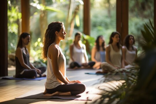 Tranquil yoga retreats. group meditation and self-care in holistic wellness locations