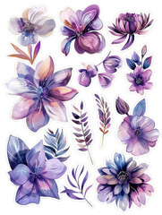 Obraz premium Set of purple and pink flowers and leaves. Watercolor illustration isolated on transparent background. Floral and botanical concept for design and print.
