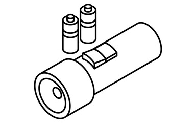 Simple line drawing of emergency kit, flashlight and battery, isometric illustration