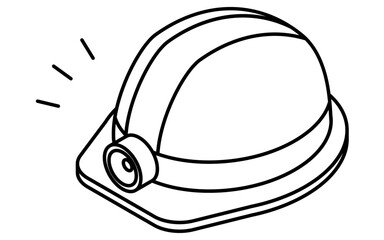 Simple line drawing of emergency kit, helmet with headlight, isometric illustration