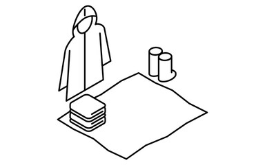 Simple line drawing of emergency kit, Rain gear (raincoat and boots), towel and sheet, isometric illustration