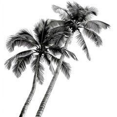 two long palm trees. They touch a little and they are curved to the right. White background