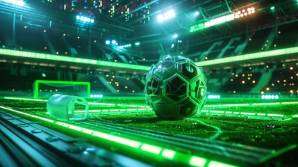 Glowing mechanical soccer ball with neon highlights, on a vibrant green field, surrounded by futuristic elements