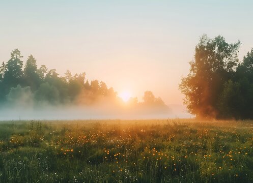 A misty sunrise over the meadow with trees and fog in the background