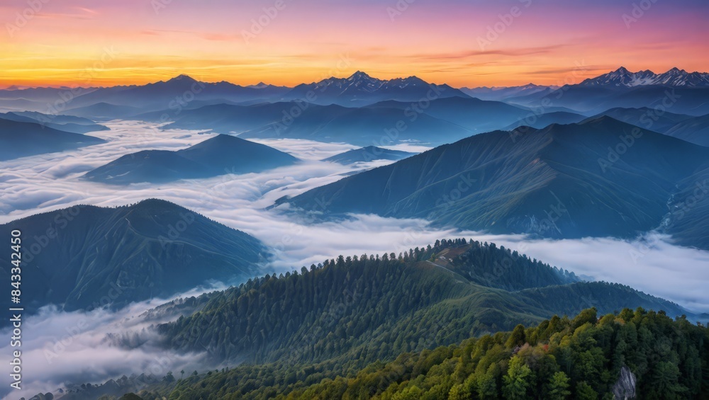 Poster Majestic Mountain Landscape with Dramatic Clouds at Sunset