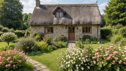 Fototapeta premium Charming Stone Cottage with Lush Garden