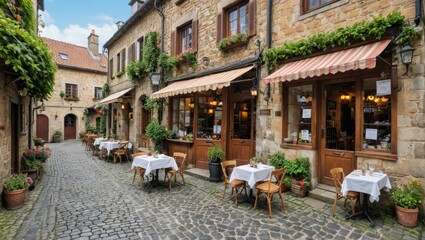 Fototapeta premium Charming European Street Cafe with Cobblestone Street
