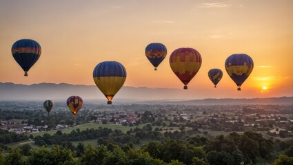 Naklejka premium Hot Air Balloons Flying Over Rural Landscape at Sunset