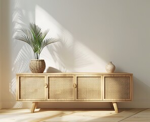 A mockup of a modern wooden sideboard with wicker in the living room interior, on a white wall background