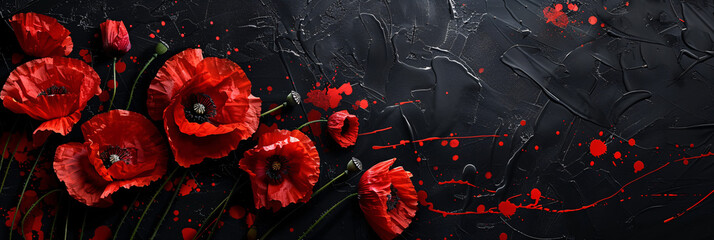 Red poppies and splashes of paint on a black banner, symbolizing remembrance and tribute for VE-Day or World War Remembrance Day.