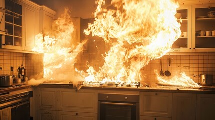 Flames consuming a residential kitchen, underlining the critical nature of fire hazards and home safety precautions