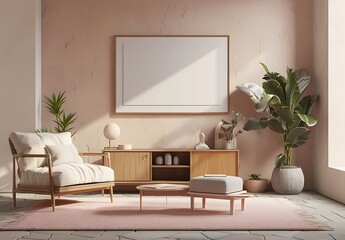 A mockup of an empty frame on the wall in front of TV, living room with sofa and armchair, 