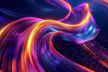 Abstract background with neon light lines and glow, futuristic design in the style of digital technology concept. Abstract gradient of blue, purple, orange and yellow colors