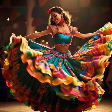 Mexican fiesta with a dancing woman in a long colorfill skirt with red decorations
