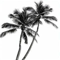 two long palm trees. They touch a little and they are curved to the right. White background