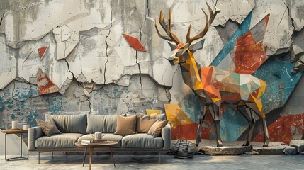 Modern 3D stereo deer, surrounded by abstract geometric shapes, set on a cracked stone wall, forming a unique mural
