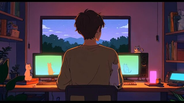 A man is sitting in front of a computer watching cat videos, lofi style 4k video 60 fps
