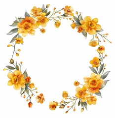 Obraz premium Floral Wreath of Yellow and White Daffodils, Elegant wreath made of yellow and white daffodils with green leaves, perfect for spring decor, on a white background. 