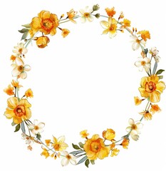 Floral Wreath of Yellow and White Daffodils, Elegant wreath made of yellow and white daffodils with green leaves, perfect for spring decor, on a white background.
