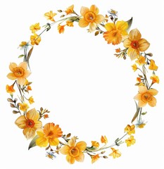 Floral Wreath of Yellow and White Daffodils, Elegant wreath made of yellow and white daffodils with green leaves, perfect for spring decor, on a white background.
