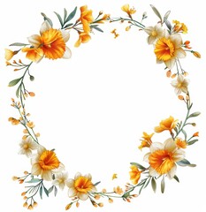 Floral Wreath of Yellow and White Daffodils, Elegant wreath made of yellow and white daffodils with green leaves, perfect for spring decor, on a white background.
