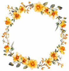 Floral Wreath of Yellow and White Daffodils, Elegant wreath made of yellow and white daffodils with green leaves, perfect for spring decor, on a white background.

